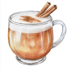 Watercolor illustration of a hot cider drink in a glass mug with whipped cream and cinnamon stick for autumn and Holiday season.