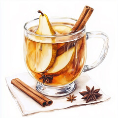 Watercolor illustration of hot spiced drink with pear, cinnamon, and star anise. Cozy winter beverage for Holiday or New Year card design.