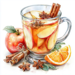 Watercolor illustration of hot apple cider with cinnamon sticks and star anise in a glass, with apple and orange. Holiday beverage for Christmas.