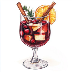 Watercolor illustration of a festive drink with fruits and spices in a glass. Refreshing sangria or mulled wine for new year and party.