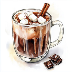 Watercolor illustration of hot chocolate with marshmallow in mug and cinnamon, chocolate squares for winter beverages and Christmas New Year drinks menus.
