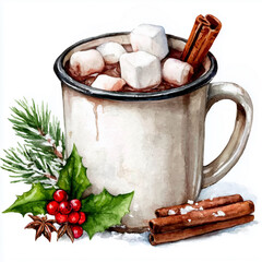 Hot chocolate drink with marshmallows and cinnamon stick in a mug. Watercolor illustration for Christmas and New Year holiday beverages. Warm winter beverage.