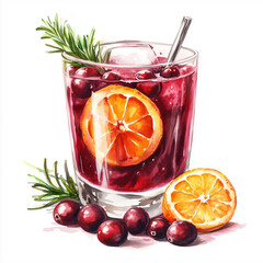 Watercolor holiday cocktail illustration with cranberry, orange, rosemary and ice. Festive drink concept for New Year card and winter design.
