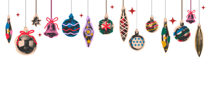 Hanging Christmas Ornaments Halftone Banner Border