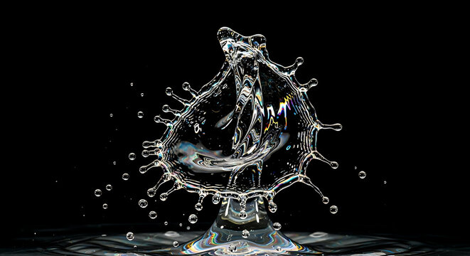 Close up of a water droplet collision with a black background creating a crown like splash form ai generated