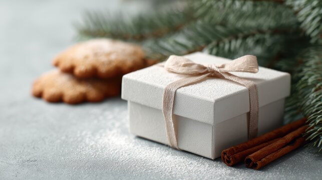 Christmas composition with gift box, cookies, fir branches, and cinnamon sticks, copy space - Powered by Adobe