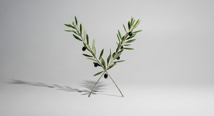 two olive branches crossing together, minimal studio style, soft shadows