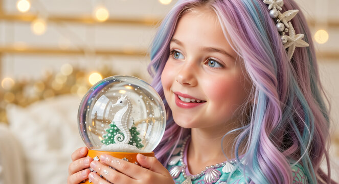 Smiling child in a mermaid costume with colorful hair holds a seahorse snow globe. Magical Christmas and New Year gift for a kid - Powered by Adobe