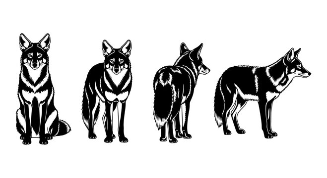Detailed silhouette of wolf in multiple poses on white background