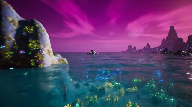 Surreal alien seascape with bioluminescent flora and islands under vibrant purple and pink sunset sky