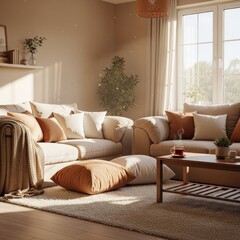 Fototapeta premium Cozy living room with soft cushions and relaxing atmosphere invites mindful moments and peaceful afternoons