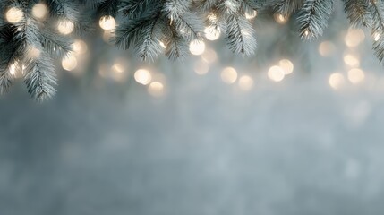Elegant winter holiday backdrop with decorated fir branches and soft glowing Christmas lights