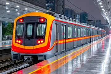 Fototapeta premium Subway train arriving at modern platform with reflections