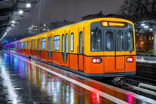 Berlin train arriving at rainy night station platform