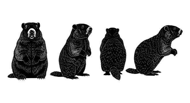 Detailed groundhog silhouettes in different poses on white background