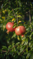 Obraz premium Two Ripe Pomegranates Hanging on Branch with Green Leaves and Soft Natural Background