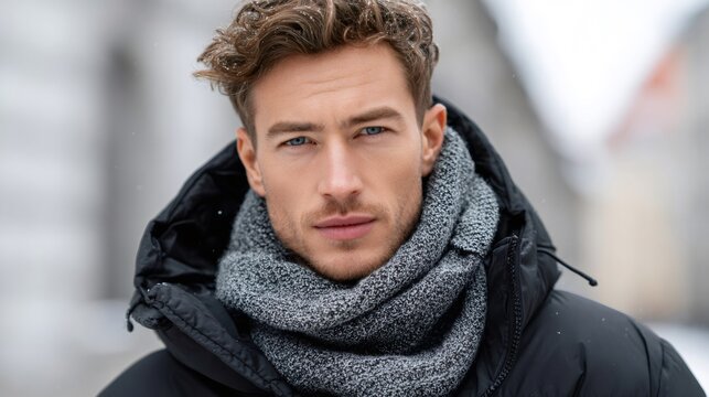 Man posing with winter jacket and scarf in snow