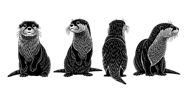 Detailed hand drawn otter illustrations in black and white from multiple angles