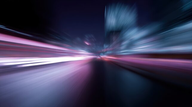 Abstract panoramic scene of neon light trails rushing through a modern city, fast data movement theme
