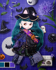 Cute Blythe Doll Halloween Witch Aesthetic &ndash; Spooky Purple Moodboard with BJD Doll, Bats and Flowers