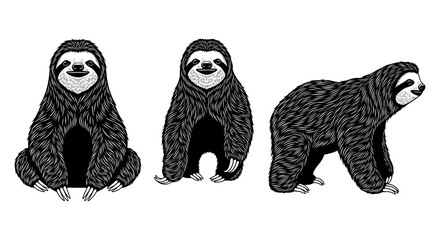 Obraz premium Detailed black and white sloth ink drawing trio on white background
