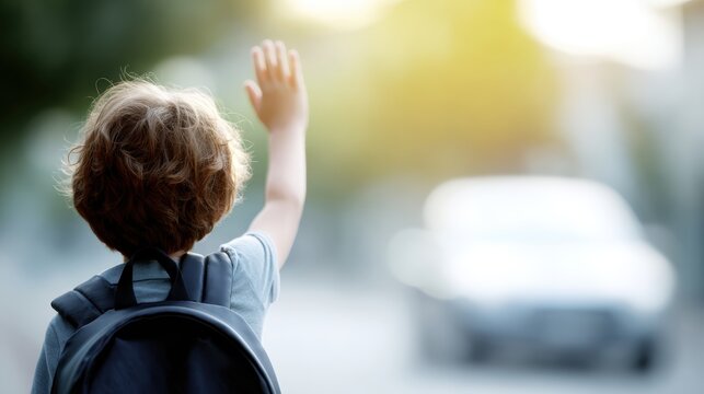Child waving goodbye on first day of school, day off concept, outdoor car scene