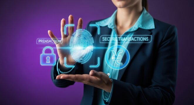 Woman demonstrates secure transactions via fingerprint scanning and digital financial technology for safety and reliable payment services
