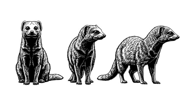 Detailed black and white drawing of three mongooses in different poses