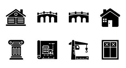 Architectural icons set: houses, bridges, and construction elements in bold silhouette