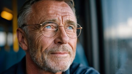 Senior man with glasses thinking looking out window