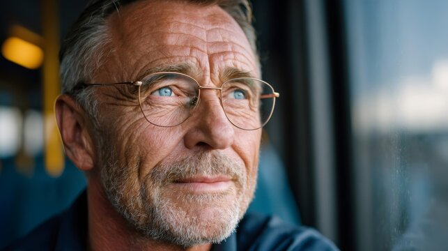 Senior man with glasses thinking looking out window - Powered by Adobe