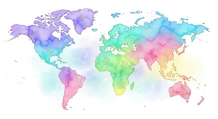 world map created using soft watercolor shapes, pastel peace theme