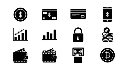 Financial silhouette icons: currency, wallets, cards, security, and cryptocurrency