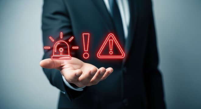 A hand presents a red alarm light exclamation point and warning sign representing danger alert and potential security risk