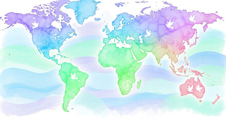 world map created using soft watercolor shapes, pastel peace theme