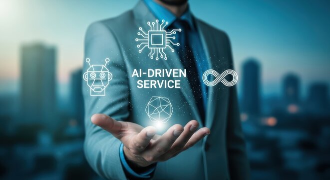 Business technology solutions represented by digital graphics above a persons open hand suggesting advanced services