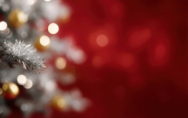 Golden and silver Christmas lights with tree on red background, festive celebration digital card concept