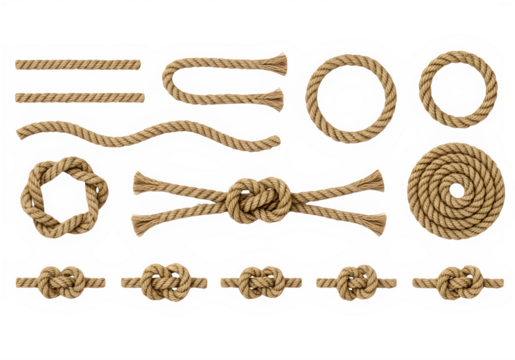 Natural Jute Rope Pack PNG – Knots & Segments (Bowline, Reef, Overhand, Lark’s Head), High‑Res, isolated on transparent background png