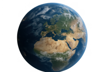 Planet earth rotating in space with continents europe, africa, asia, showing global connection, transparent background