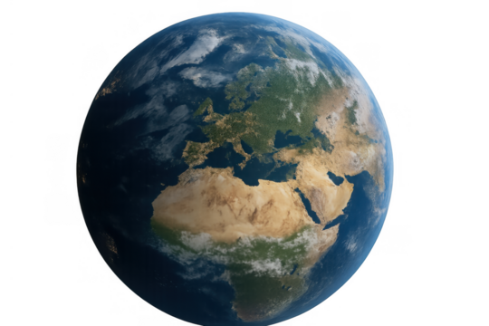 Planet earth rotating in space with continents europe, africa, asia, showing global connection, transparent background