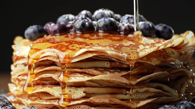Delicious pancakes topped with fresh blueberries and drizzled with golden honey syrup. Breakfast includes stacked pancakes with luscious syrup and vibrant berries, creating a perfect morning starter.