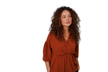 Woman with curly hair looking away, posing over transparent background, representing thought and confidence