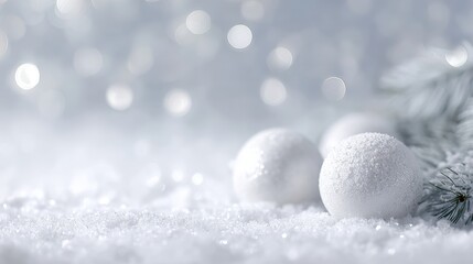 Christmas ornaments on snow with fir branches and lights, white winter background