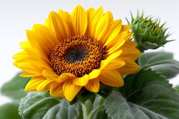 Obraz premium Sunflower blooming with bud growth against white background