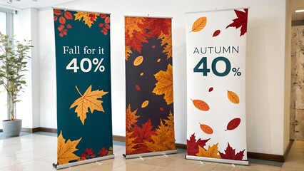 Three vertical autumn themed banners displaying fall leaf designs and 40 percent sale announcements