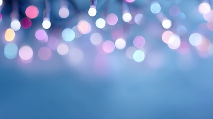 Colorful festive lights shining on bright blue backdrop, winter celebration theme
