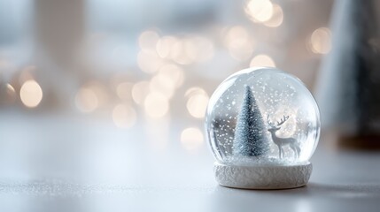 Snow globe with Christmas tree and deer inside, winter holiday decoration, soft bokeh background