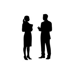 Silhouette of a woman holding documents facing a man in a suit gesturing with his hands in conversation