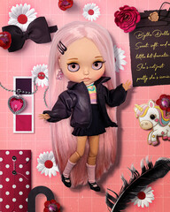 Cute Blythe Doll Y2K Aesthetic Moodboard &ndash; Pink Hair BJD Doll in Leather Jacket and Positive Vibes