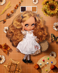 Cute Blythe Doll Bohemian Aesthetic Moodboard &ndash; BJD Doll in White Lace Dress with Sunflowers and Terracotta Vibes